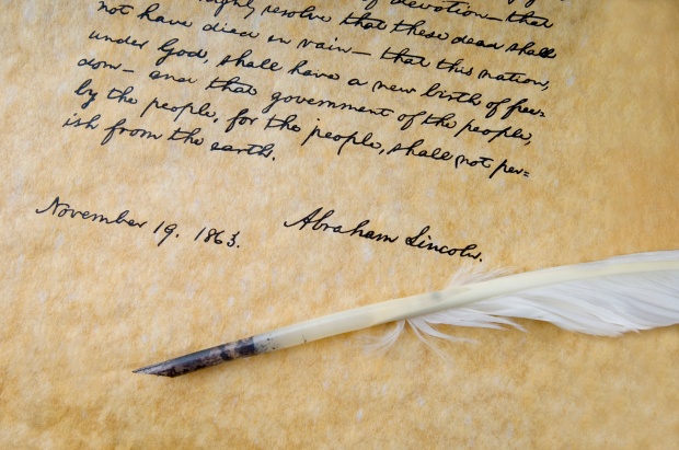 Photo of Lincoln's Gettysburg Address and Feather Quill